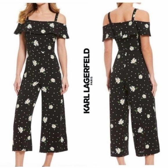 Karl Lagerfeld Pants - Karl Lagerfeld Romper Scoop Neck 6 Black White Off Shoulder Strap Wide Leg Crop